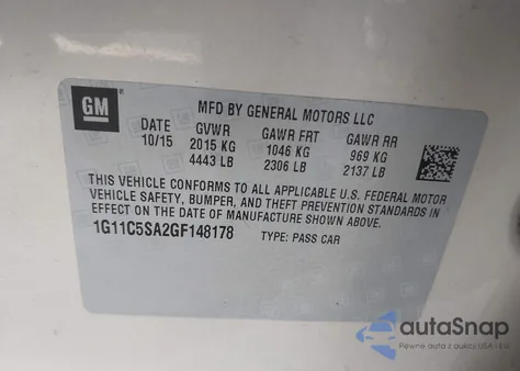 2016 Chevrolet Malibu Limited Lt из США, поврежденный, VIN 1G11C5SA2GF148178